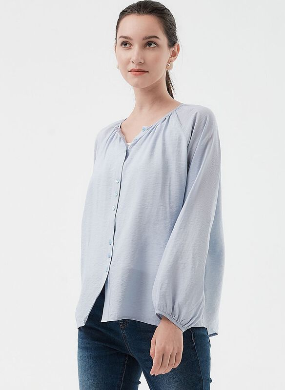 Pleated Round Neck Long Sleeve Maternity & Nursing Blouse