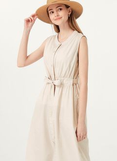 Button-through S/L Maternity & Nursing Dress, Khaki, hi-res