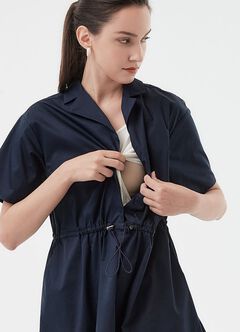 Collared Tie Waist Maternity & Nursing Short Sleeve Dress, Navy, hi-res