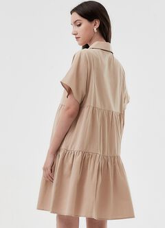 Cotton Maternity & Nursing Short Sleeve Tiered Dress, Khaki, hi-res