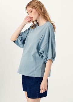 Lantern Sleeves Cotton M&N Top, Blue Grey, hi-res