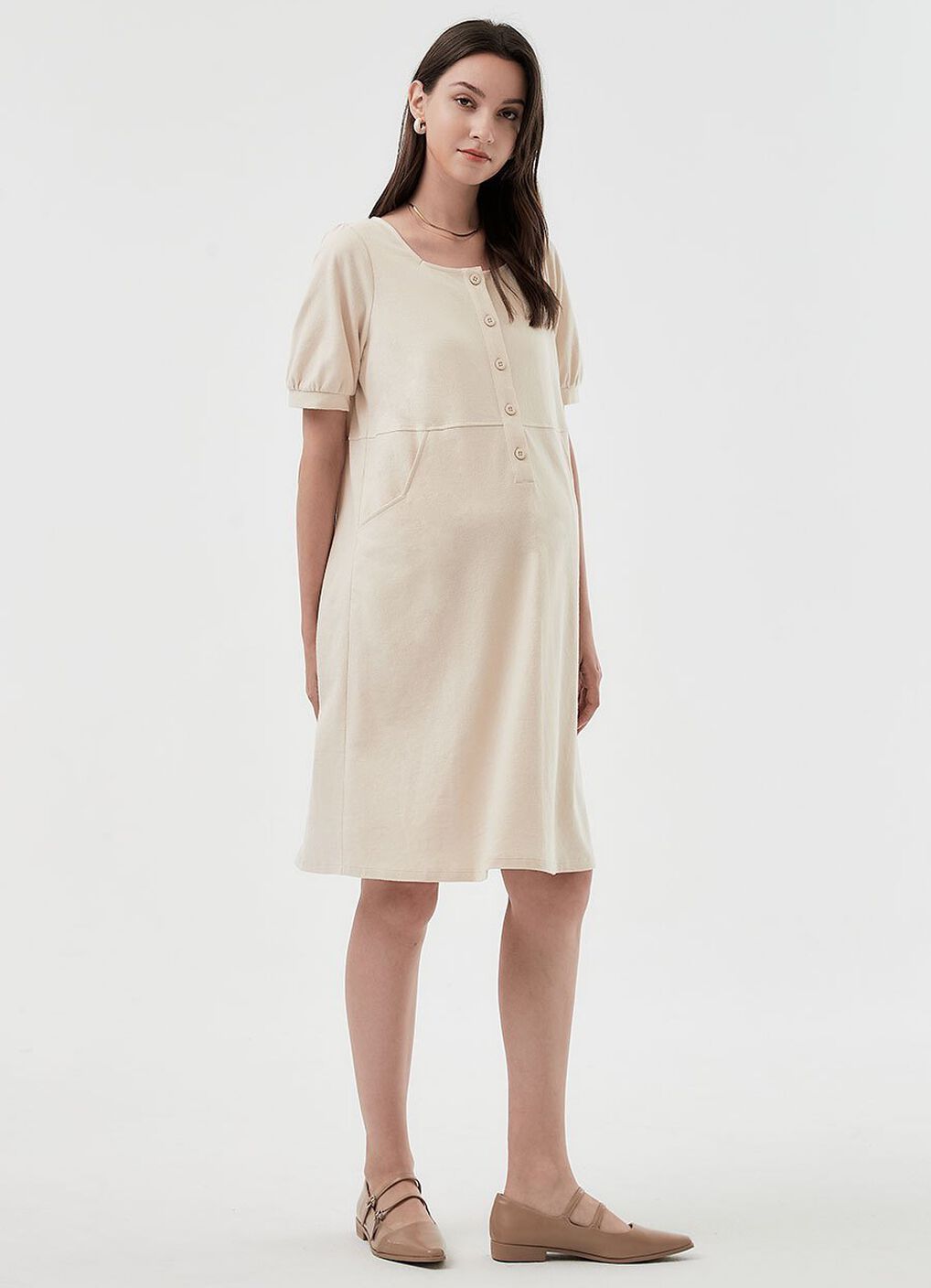 Buttoned Square Neck Maternity & Nursing Short Sleeve Dress, Cream, hi-res image number 0