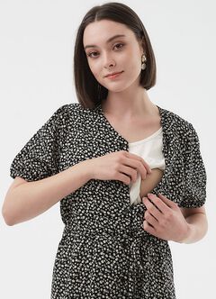 Floral Print Puff Sleeve Maternity & Nursing Dress, Black, hi-res