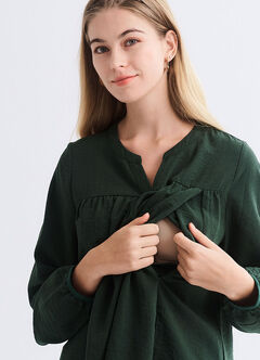 Pleated V-Neck Maternity & Nursing Top, Dark Green, hi-res
