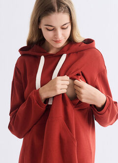 Relaxed Cotton Maternity & Nursing Hoodie Dress, Brick, hi-res