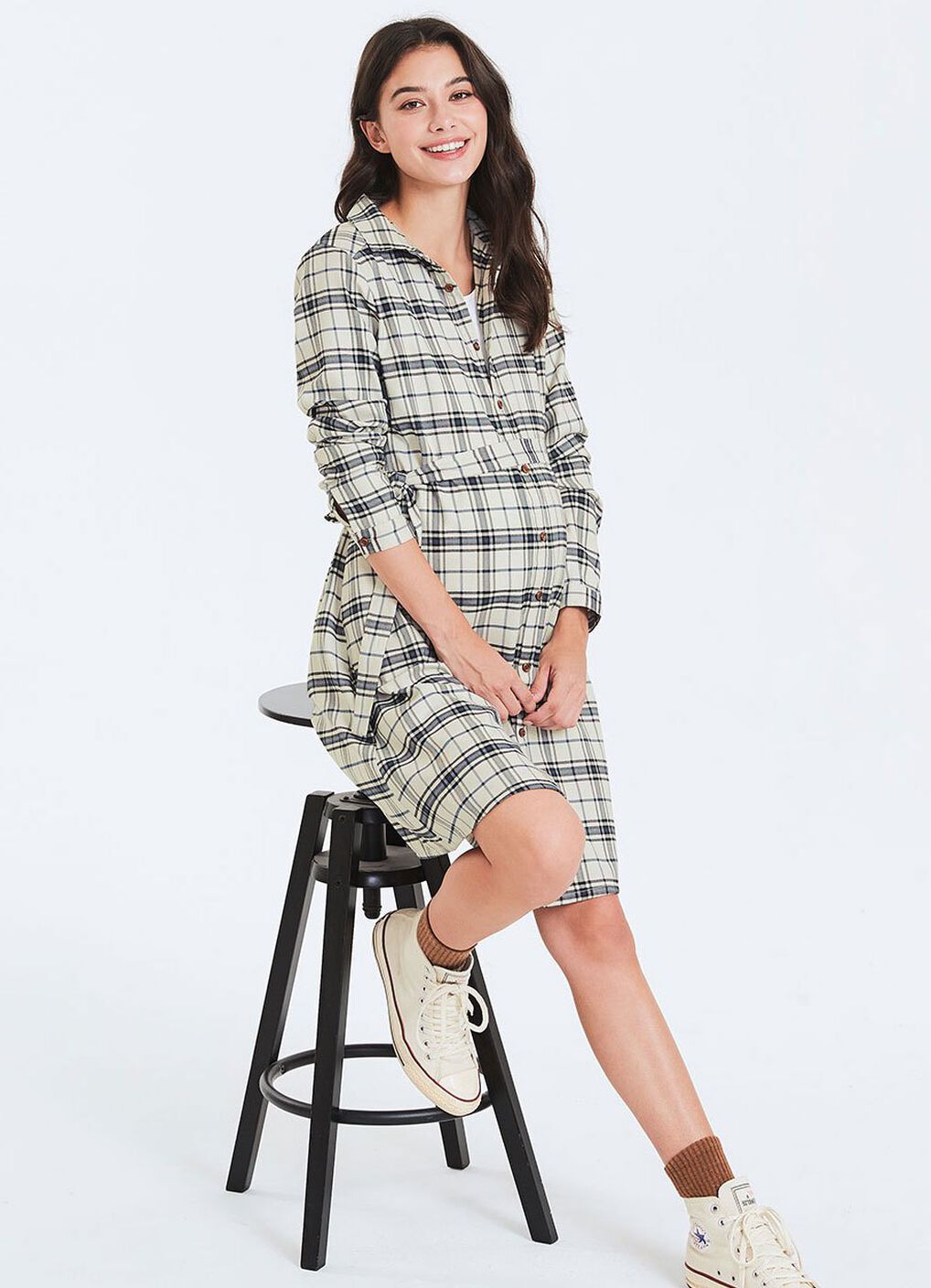 Classic Plaid Maternity & Nursing Shirt Dress, Cream, hi-res image number 0