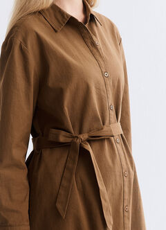 Elegant Belted Maternity & Nursing Shirt Dress, Brown, hi-res