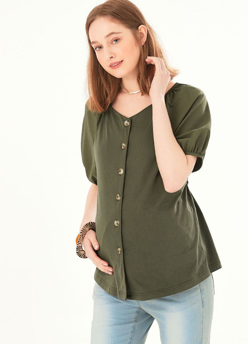 Puff Sleeve Maternity & Nursing Top, Olive, hi-res image number 4