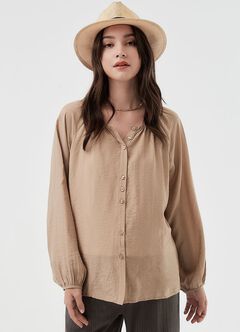 Pleated Round Neck Long Sleeve Maternity & Nursing Blouse, Khaki, hi-res