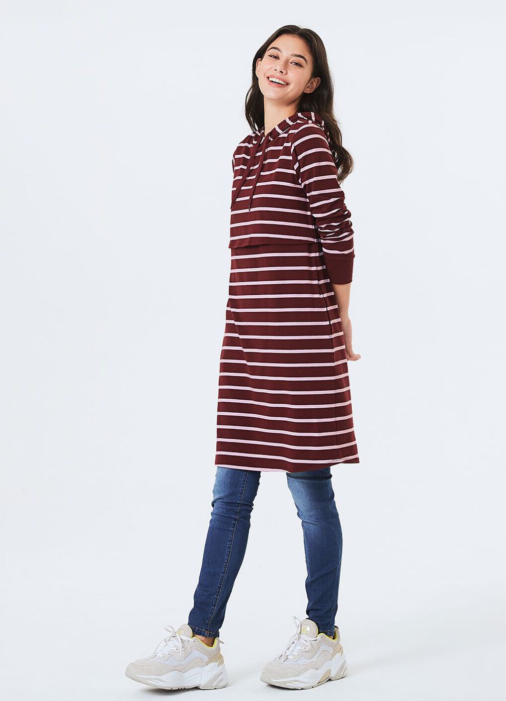 Striped Maternity & Nursing Hoodie Dress, Wine, hi-res image number 3