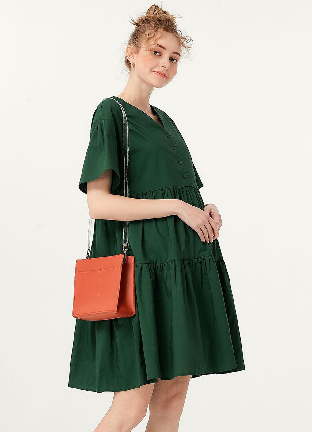 Flared Hem Cotton Maternity & Nursing Dress, Green, hi-res image number 4