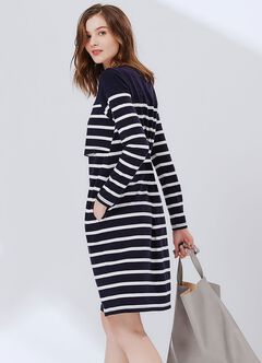 Striped Maternity & Nursing Dress, Navy, hi-res