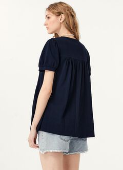 Puff Sleeves Button Down Maternity & Nursing Top, Navy, hi-res