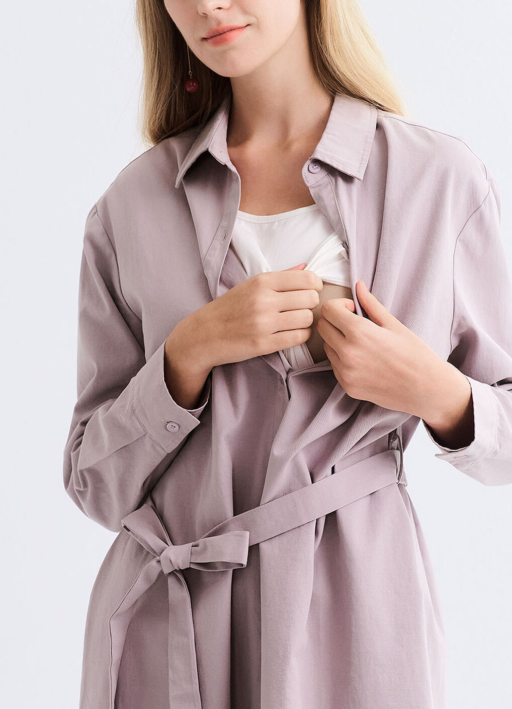 Elegant Belted Maternity & Nursing Shirt Dress, Lavender, hi-res image number 1