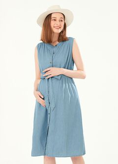 Button-through S/L Maternity & Nursing Dress, , hi-res