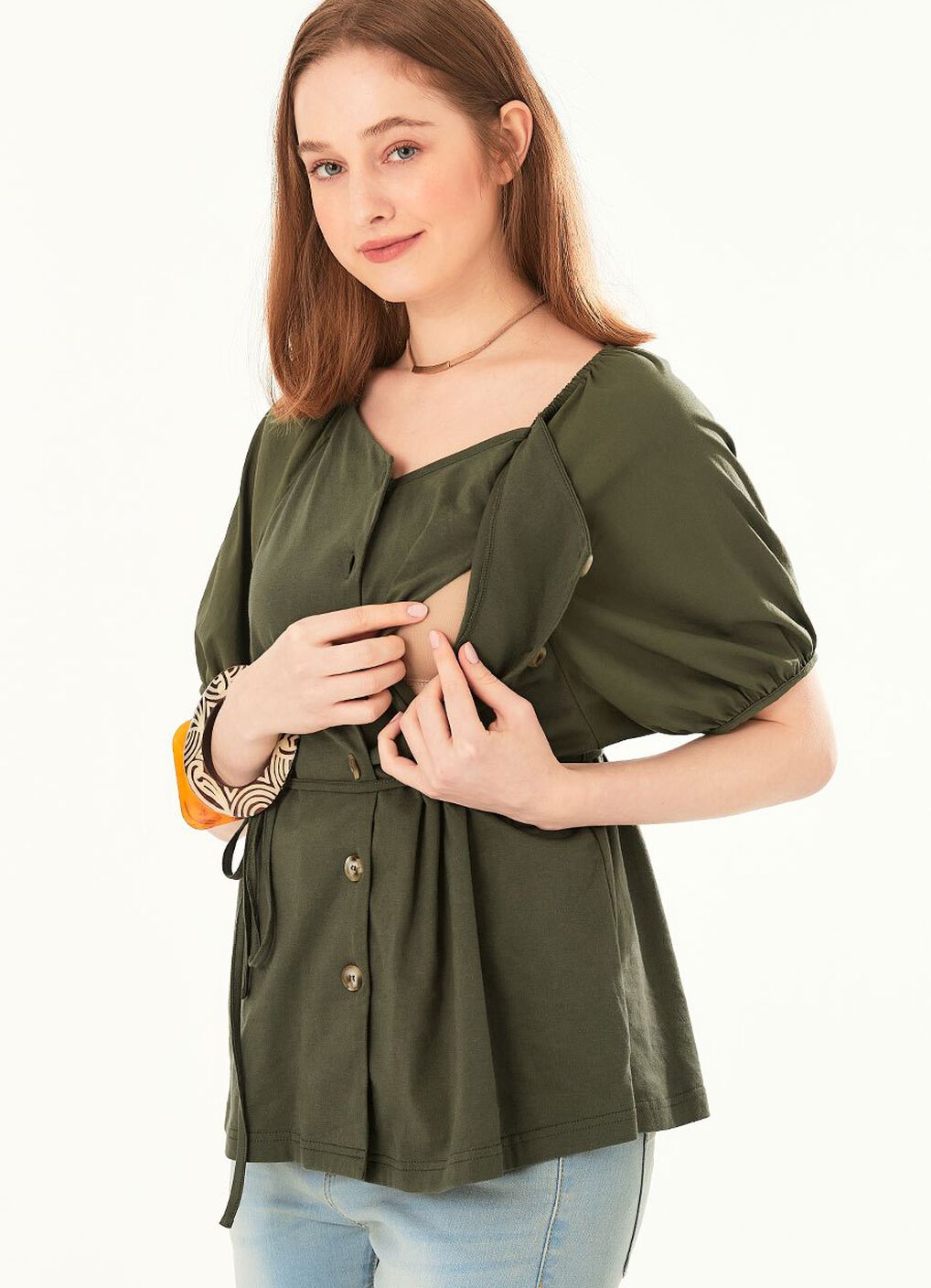Puff Sleeve Maternity & Nursing Top, Olive, hi-res image number 1