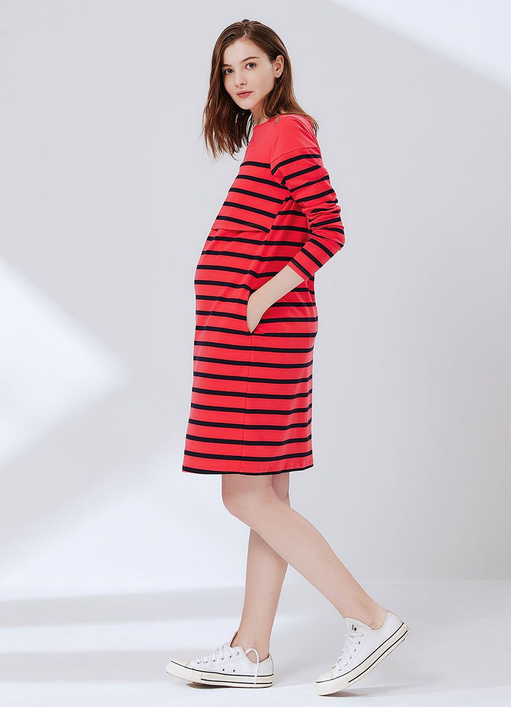 Striped Maternity & Nursing Dress, Red, hi-res image number 1