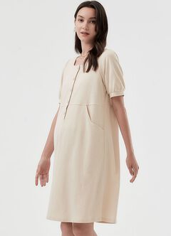 Buttoned Square Neck Maternity & Nursing Short Sleeve Dress, Cream, hi-res