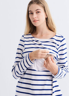 Striped Boat Neck Maternity & Nursing Top, Blue, hi-res