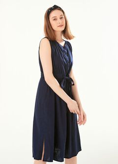 Button-through S/L Maternity & Nursing Dress, Navy, hi-res