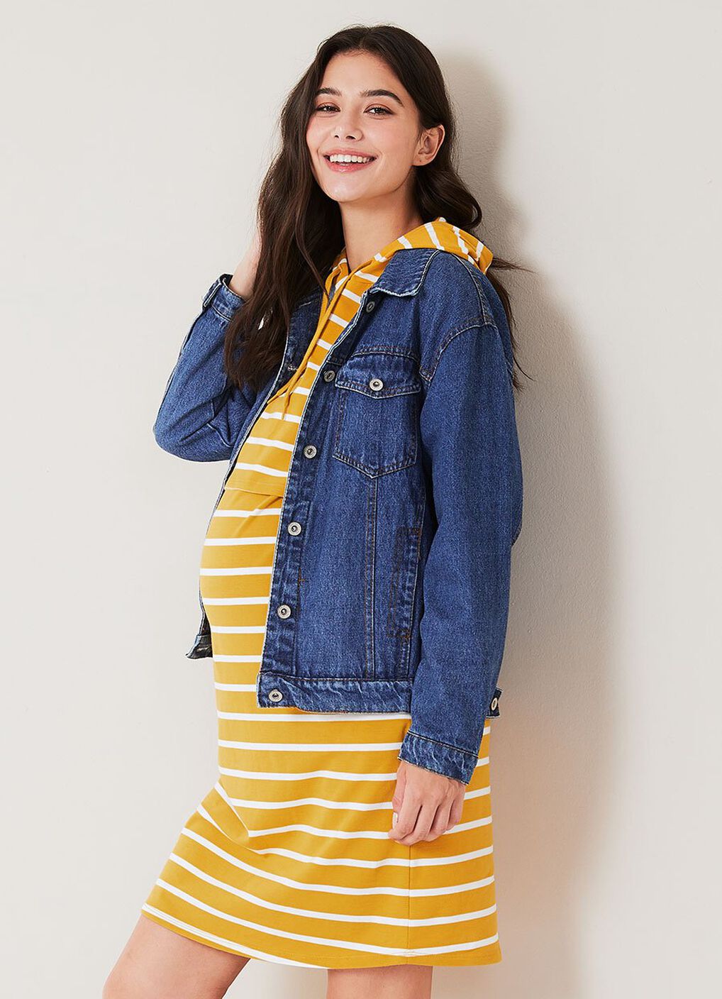 Striped Maternity & Nursing Hoodie Dress, Mustard, hi-res image number 0