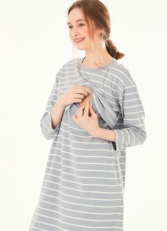 Striped Maternity & Nursing Pyjama Dress, Blue Grey, hi-res