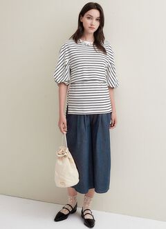 Striped Puff Sleeve Maternity & Nursing Top, White, hi-res
