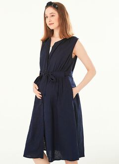 Button-through S/L Maternity & Nursing Dress, Navy, hi-res