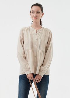 Emboss Pleated Long Sleeve Maternity & Nursing Shirt, Cream, hi-res