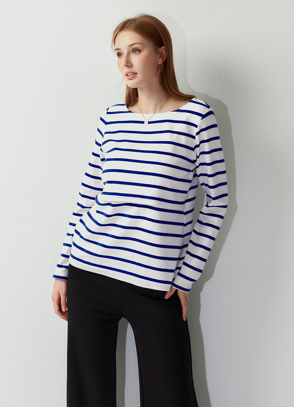 Striped Boat Neck Maternity & Nursing Top, Blue, hi-res image number 2