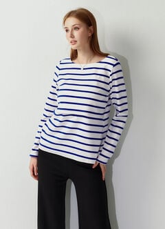 Striped Boat Neck Maternity & Nursing Top, Blue, hi-res