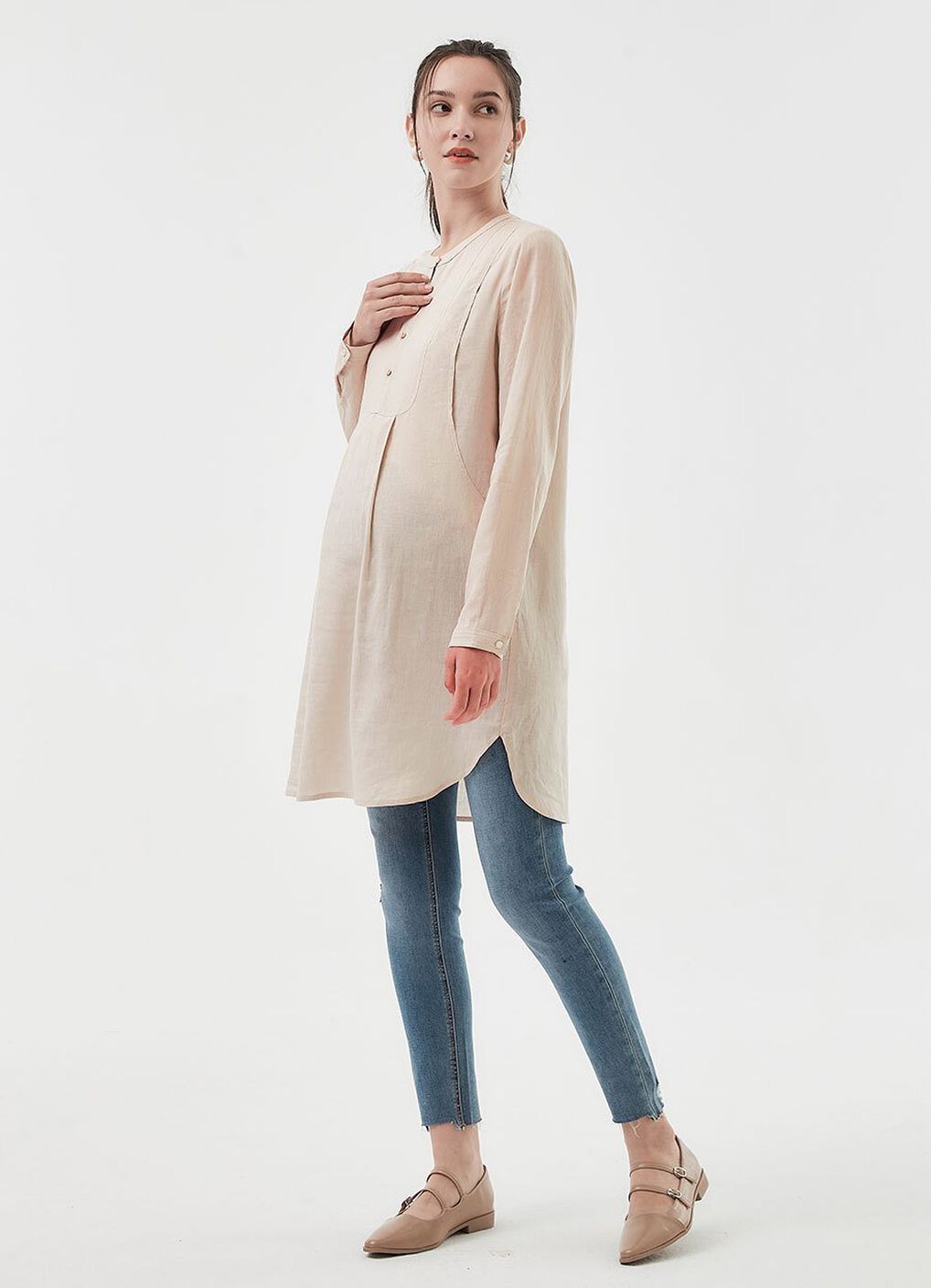 Half Button Round Neck Maternity & Nursing Long Top, , hi-res image number 3