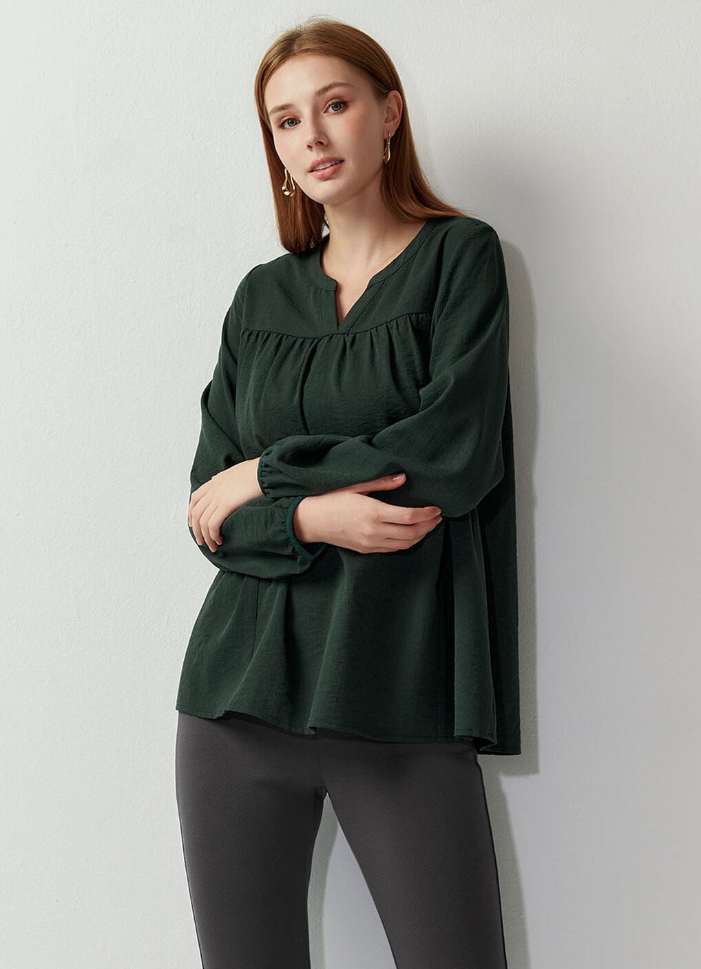 Pleated V-Neck Maternity & Nursing Top, Dark Green, hi-res image number 0