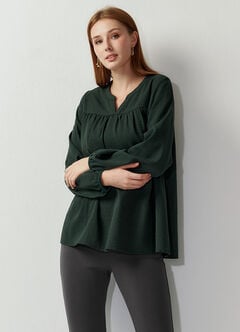 Pleated V-Neck Maternity & Nursing Top, Dark Green, hi-res