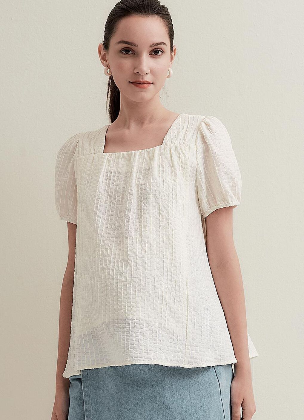 Square Collar Maternity & Nursing Top, Cream, hi-res image number 2