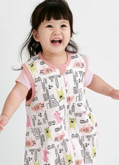 Lightweight Optimum Temp. Sleep Suit-Monster War, Pink, hi-res