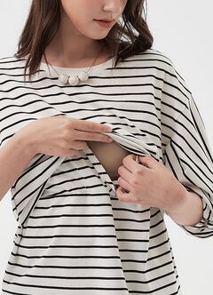 Striped Puff Sleeve Maternity & Nursing Top, White, hi-res