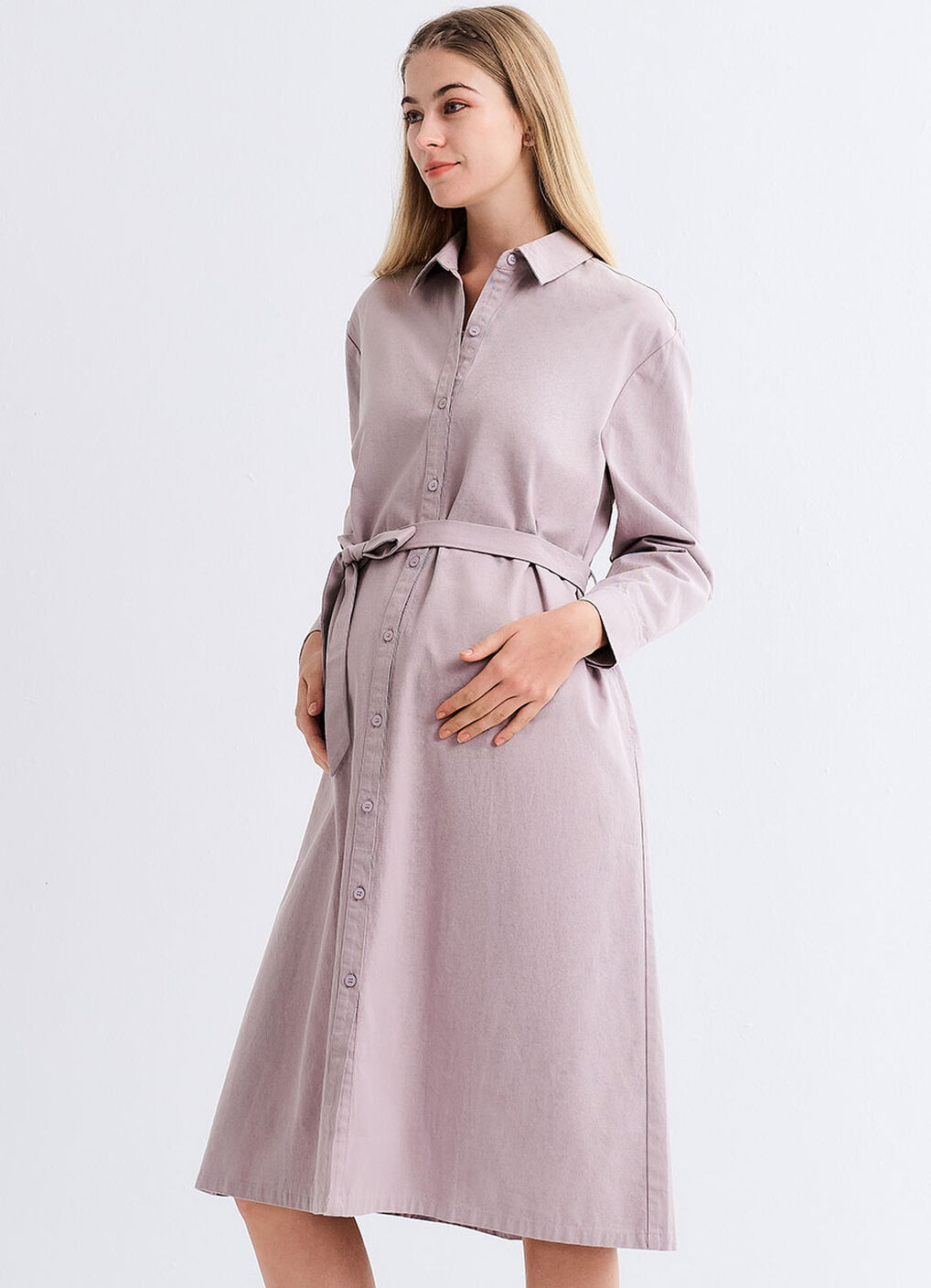 Elegant Belted Maternity & Nursing Shirt Dress, Lavender, hi-res image number 3