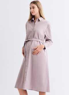 Elegant Belted Maternity & Nursing Shirt Dress, Lavender, hi-res