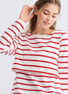 Striped Boat Neck Maternity & Nursing Top, Red, hi-res