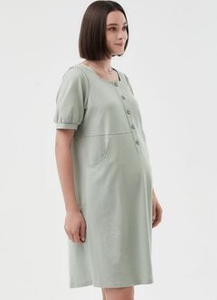 Buttoned Square Neck Maternity & Nursing Short Sleeve Dress, , hi-res