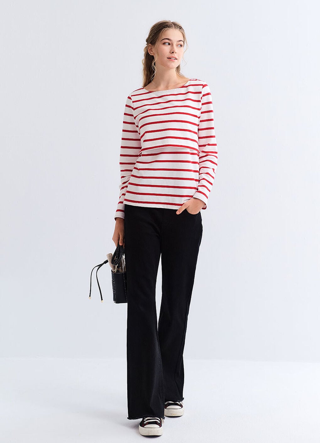 Striped Boat Neck Maternity & Nursing Top, Red, hi-res image number 1