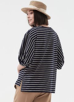 Striped Puff Sleeve Maternity & Nursing Top, , hi-res