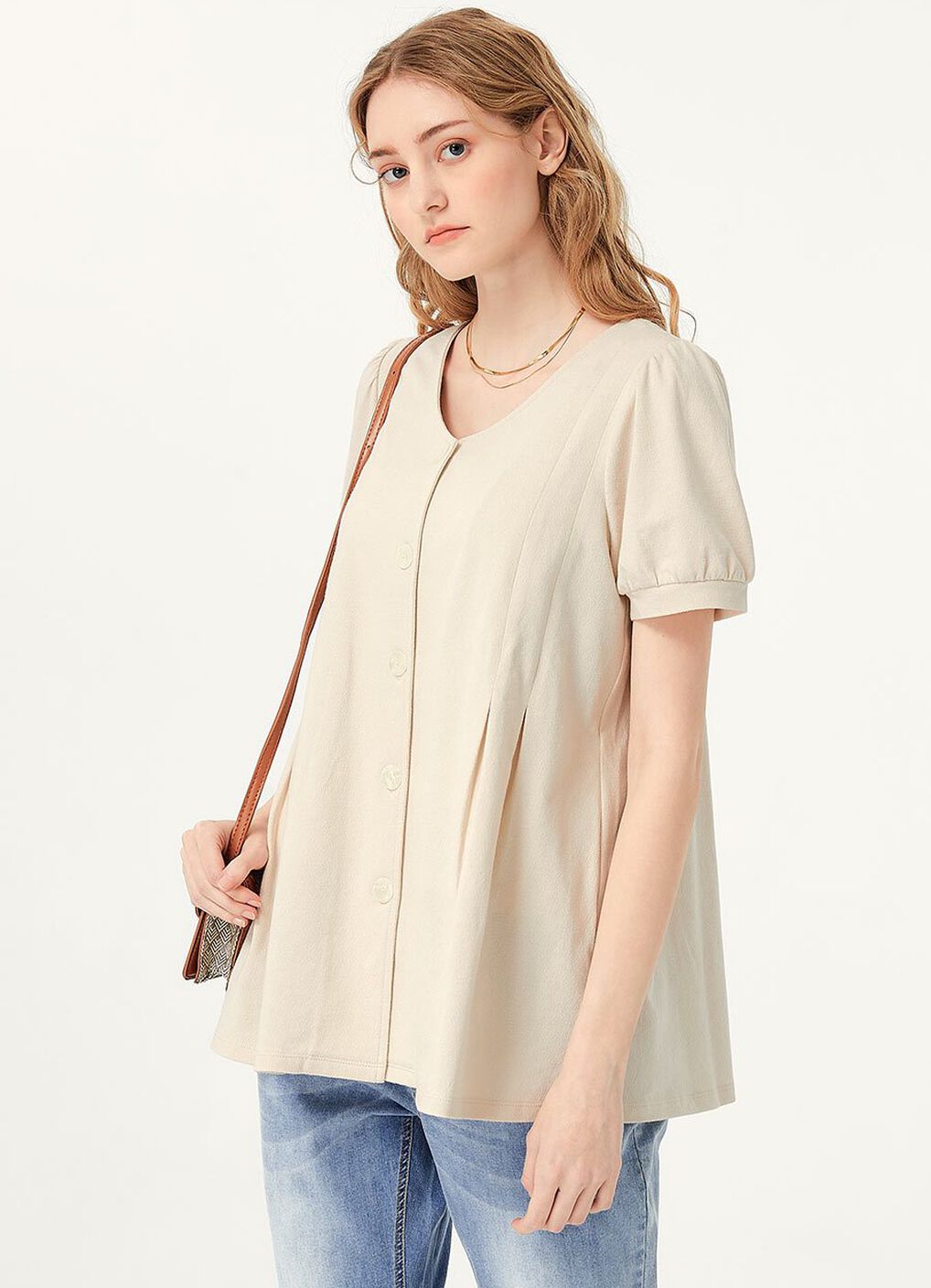 Puff Sleeves Button Down Maternity & Nursing Top, , hi-res image number 0