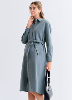 Elegant Belted Maternity & Nursing Shirt Dress, Sage, hi-res