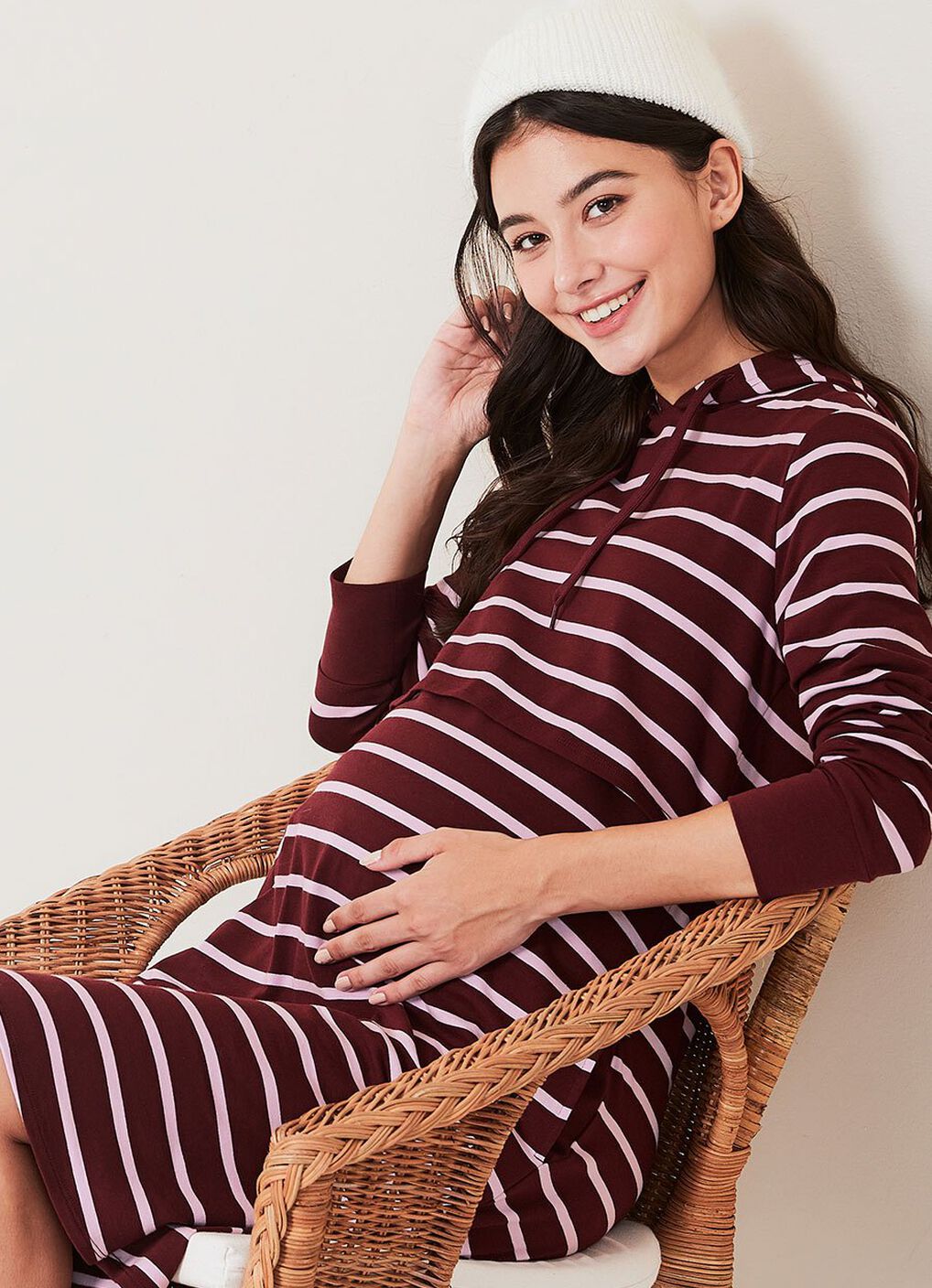 Striped Maternity & Nursing Hoodie Dress, Wine, hi-res image number 0