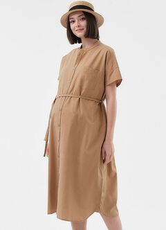 Cotton Maternity & Nursing Shirt Dress, Camel, hi-res