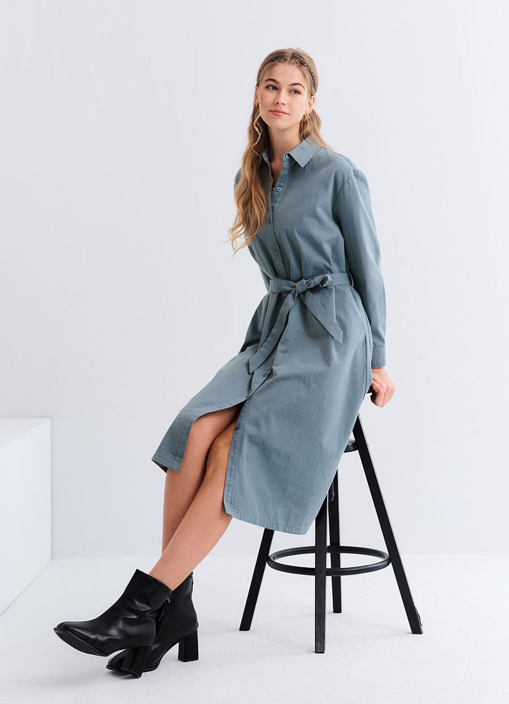 Elegant Belted Maternity & Nursing Shirt Dress, Sage, hi-res image number 5