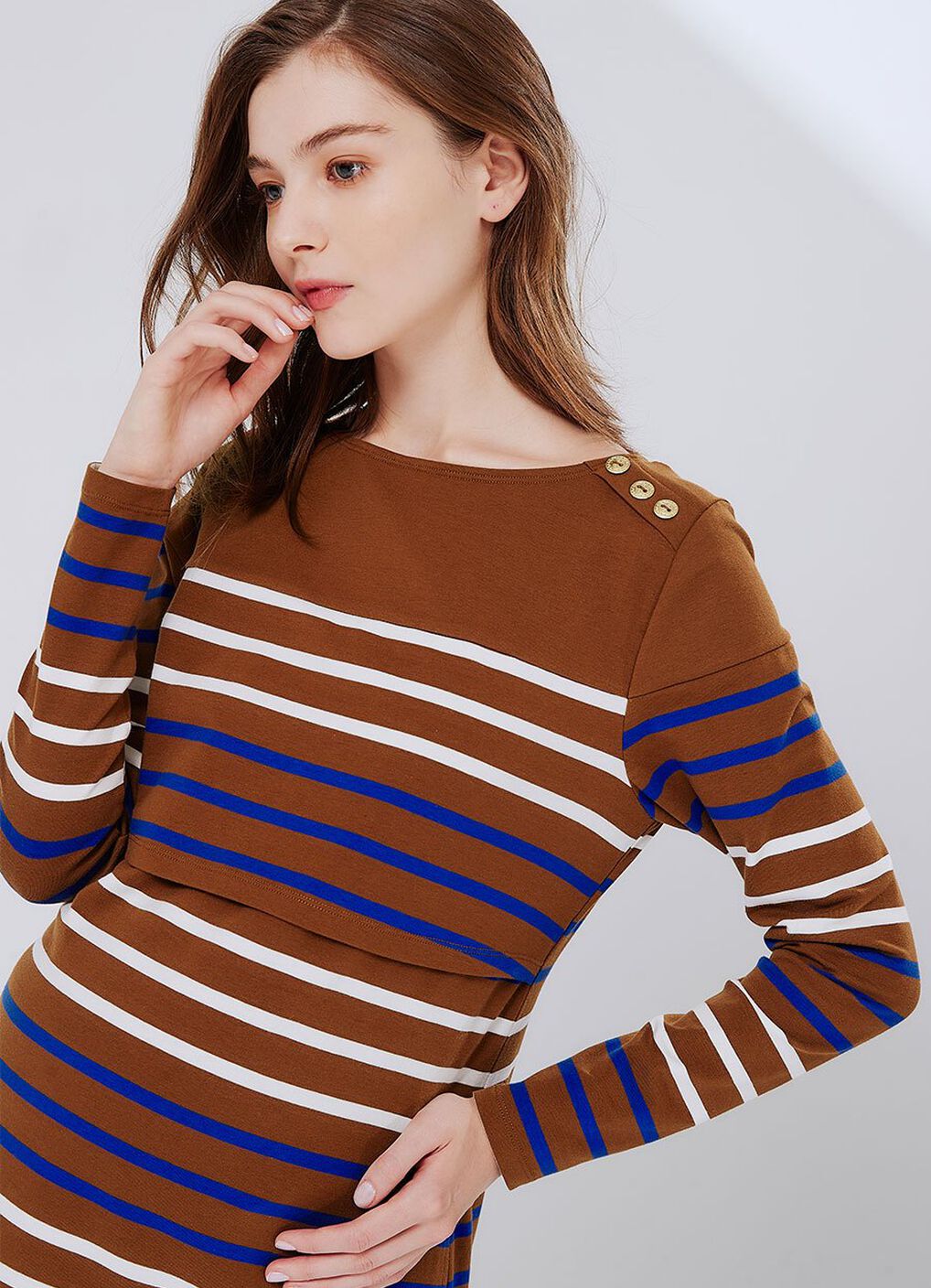 Striped Maternity & Nursing Dress, Camel, hi-res image number 2