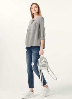 Puff Sleeves Cotton M&N Top, Black, hi-res